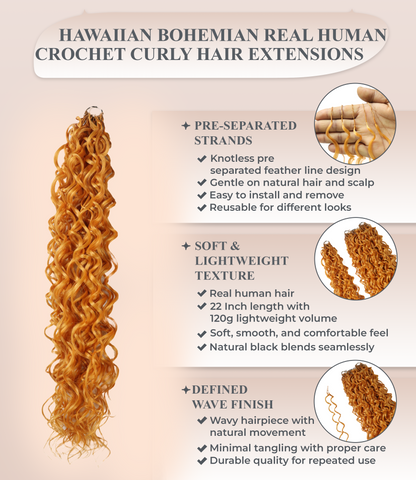 LUXLUXE Hawaiian Synthetic Crochet Hair Extensions – 14" 78g, 18" 100g, 22" 120g  Pre Separated 100 Strands Feather Hairpiece for Curly Protective Styles