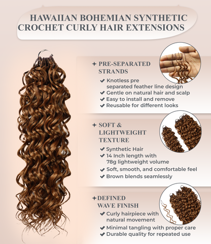 LUXLUXE Hawaiian Synthetic Crochet Hair Extensions – 14" 85g, 18" 110g, 22" 132g  Pre Separated 100 Strands Feather Hairpiece for Curly Protective Styles
