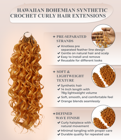 LUXLUXE Hawaiian Synthetic Crochet Hair Extensions – 14" 85g, 18" 110g, 22" 132g  Pre Separated 100 Strands Feather Hairpiece for Curly Protective Styles