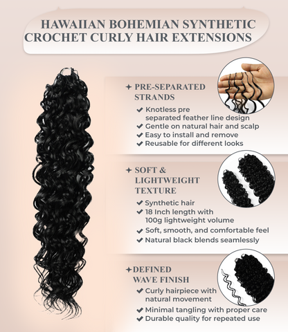 LUXLUXE Hawaiian Synthetic Crochet Hair Extensions – 14" 85g, 18" 110g, 22" 132g  Pre Separated 100 Strands Feather Hairpiece for Curly Protective Styles
