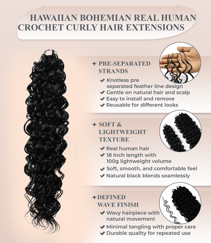 LUXLUXE Hawaiian Synthetic Crochet Hair Extensions – 14" 78g, 18" 100g, 22" 120g  Pre Separated 100 Strands Feather Hairpiece for Curly Protective Styles