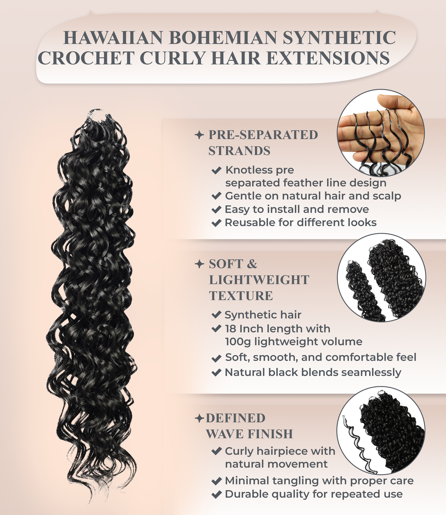 LUXLUXE Hawaiian Synthetic Crochet Hair Extensions – 14" 85g, 18" 110g, 22" 132g  Pre Separated 100 Strands Feather Hairpiece for Curly Protective Styles