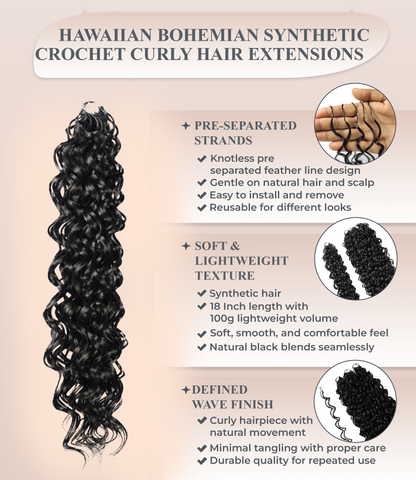 LUXLUXE Hawaiian Synthetic Crochet Hair Extensions – 14" 85g, 18" 110g, 22" 132g  Pre Separated 100 Strands Feather Hairpiece for Curly Protective Styles