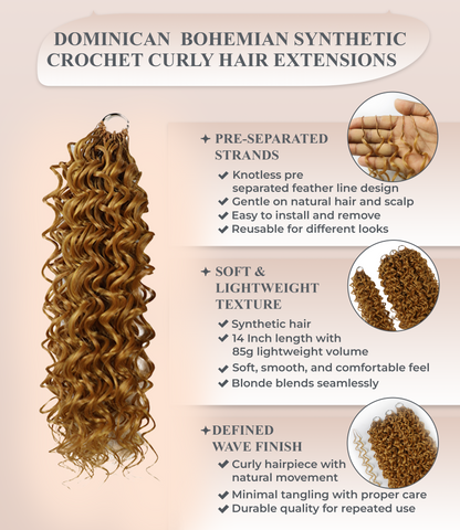 LUXLUXE Dominican Synthetic Crochet Hair Extensions – 14" 85g, 18" 110g, 22" 132g Pre Separated 100 Strands Feather Curly Hairpiece
