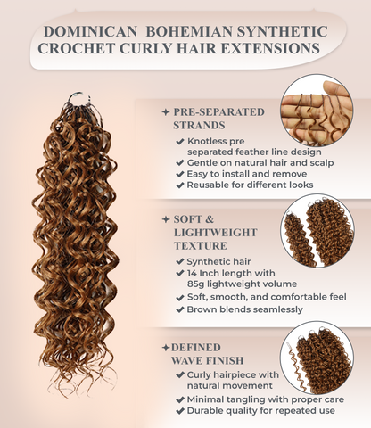 LUXLUXE Dominican Synthetic Crochet Hair Extensions – 14" 85g, 18" 110g, 22" 132g Pre Separated 100 Strands Feather Curly Hairpiece