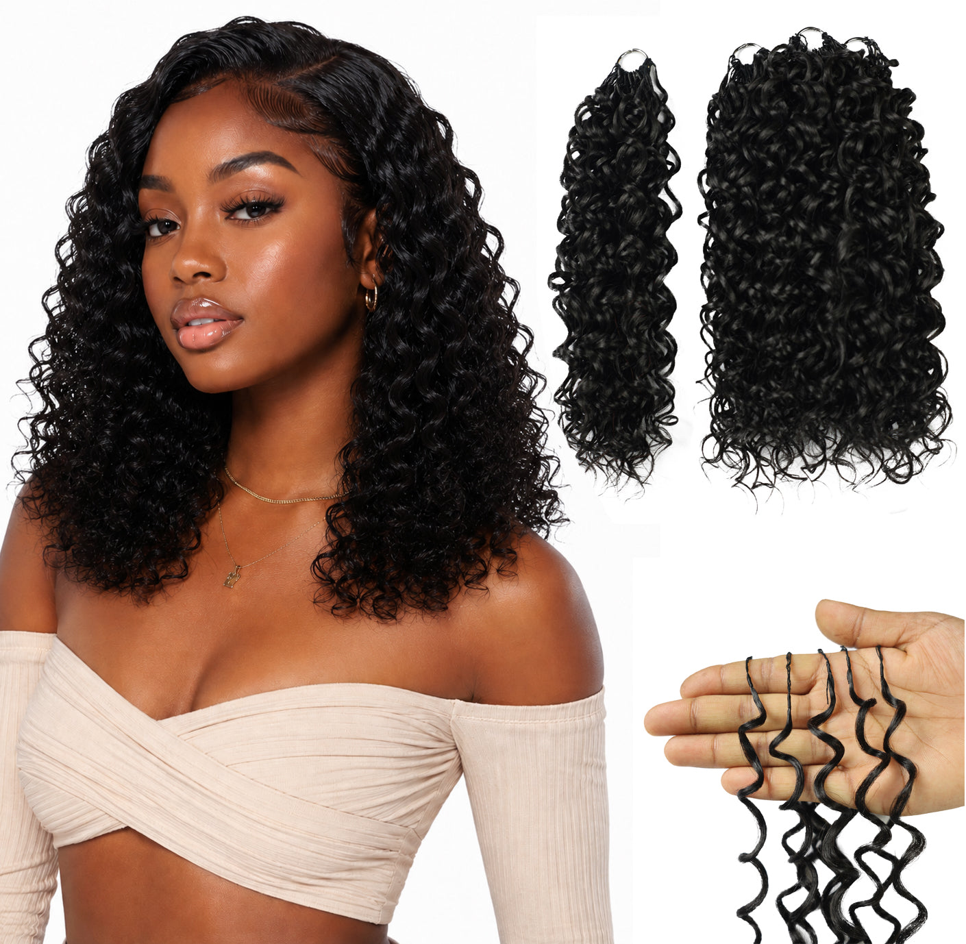 LUXLUXE Dominican Synthetic Crochet Hair Extensions – 14" 85g, 18" 110g, 22" 132g Pre Separated 100 Strands Feather Curly Hairpiece