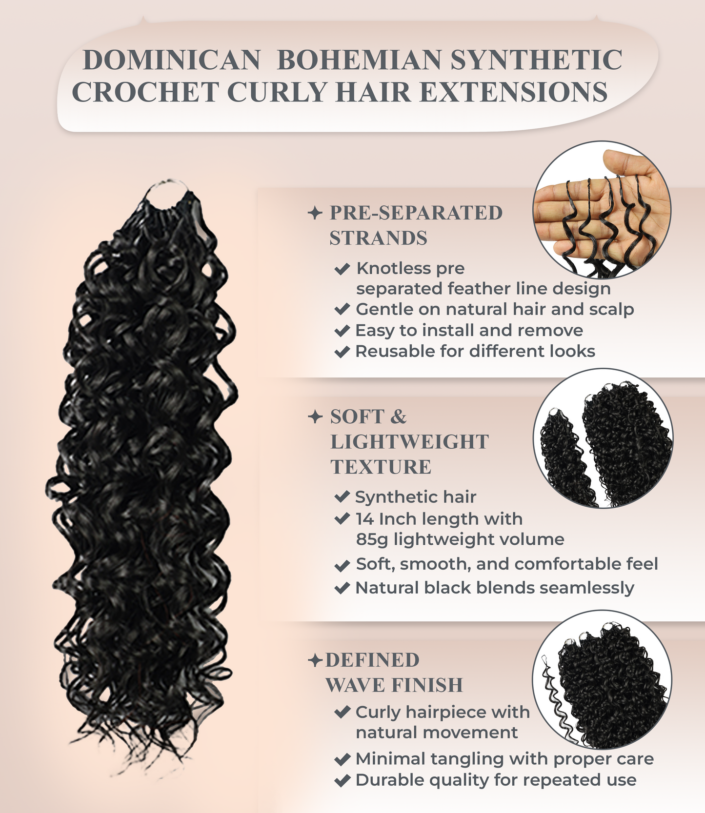 LUXLUXE Dominican Synthetic Crochet Hair Extensions – 14" 85g, 18" 110g, 22" 132g Pre Separated 100 Strands Feather Curly Hairpiece