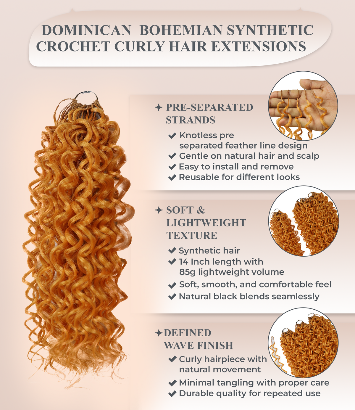 LUXLUXE Dominican Synthetic Crochet Hair Extensions – 14" 85g, 18" 110g, 22" 132g Pre Separated 100 Strands Feather Curly Hairpiece