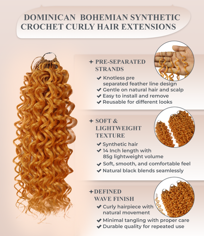 LUXLUXE Dominican Synthetic Crochet Hair Extensions – 14" 85g, 18" 110g, 22" 132g Pre Separated 100 Strands Feather Curly Hairpiece