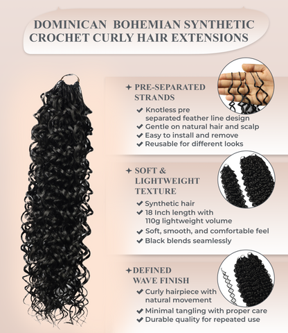 LUXLUXE Dominican Synthetic Crochet Hair Extensions – 14" 85g, 18" 110g, 22" 132g Pre Separated 100 Strands Feather Curly Hairpiece