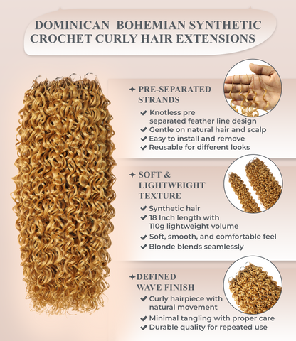 LUXLUXE Dominican Synthetic Crochet Hair Extensions – 14" 85g, 18" 110g, 22" 132g Pre Separated 100 Strands Feather Curly Hairpiece
