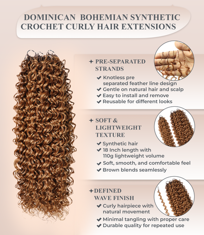 LUXLUXE Dominican Synthetic Crochet Hair Extensions – 14" 85g, 18" 110g, 22" 132g Pre Separated 100 Strands Feather Curly Hairpiece