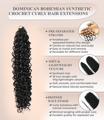 LUXLUXE Dominican Synthetic Crochet Hair Extensions – 14" 85g, 18" 110g, 22" 132g Pre Separated 100 Strands Feather Curly Hairpiece