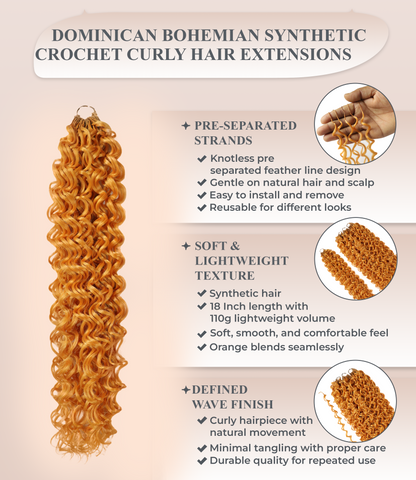 LUXLUXE Dominican Synthetic Crochet Hair Extensions – 14" 85g, 18" 110g, 22" 132g Pre Separated 100 Strands Feather Curly Hairpiece