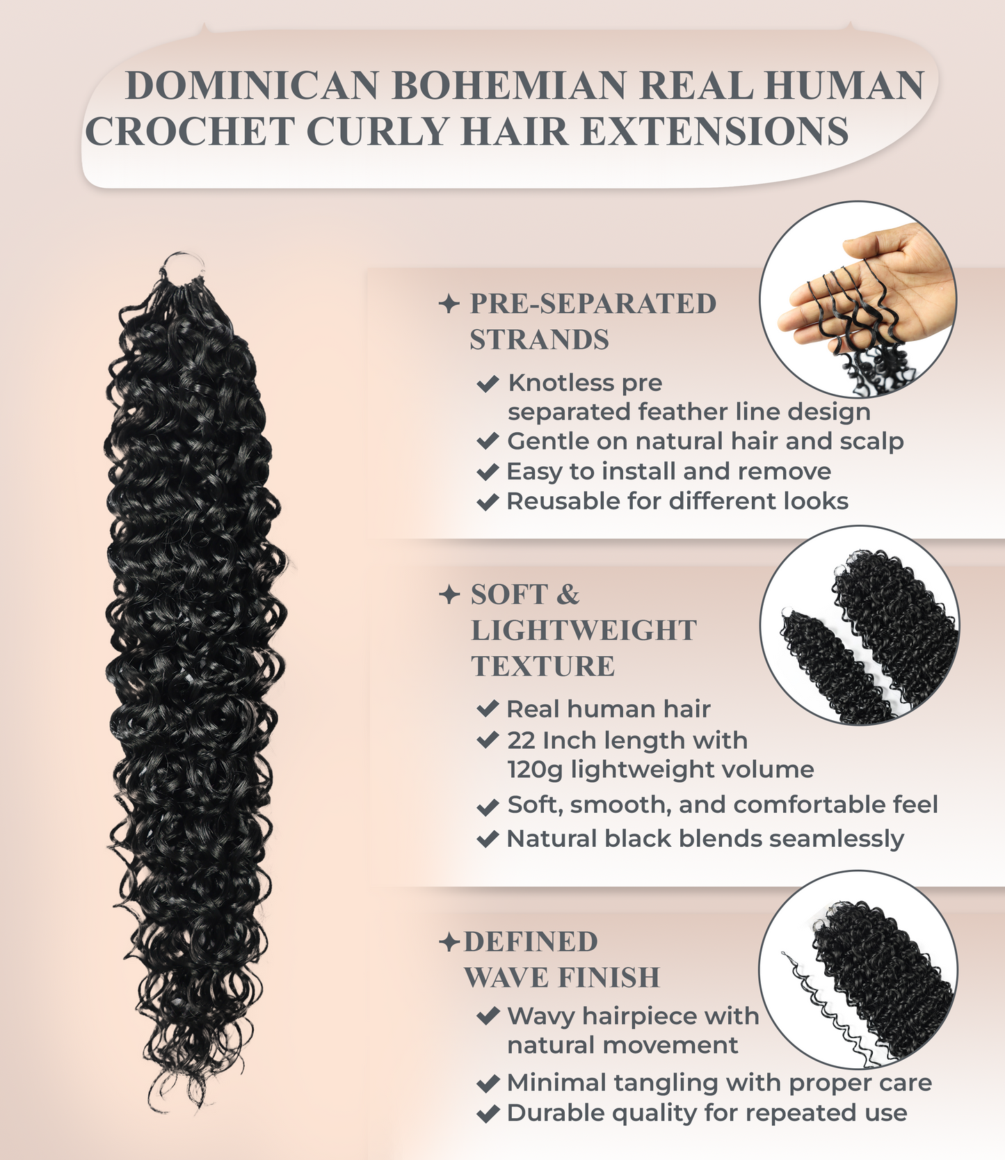 LUXLUXE Dominican Synthetic Crochet Hair Extensions – 14" 78g, 18" 100g, 22" 120g Pre Separated 100 Strands Feather Curly Hairpiece