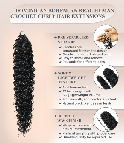 LUXLUXE Dominican Synthetic Crochet Hair Extensions – 14" 78g, 18" 100g, 22" 120g Pre Separated 100 Strands Feather Curly Hairpiece