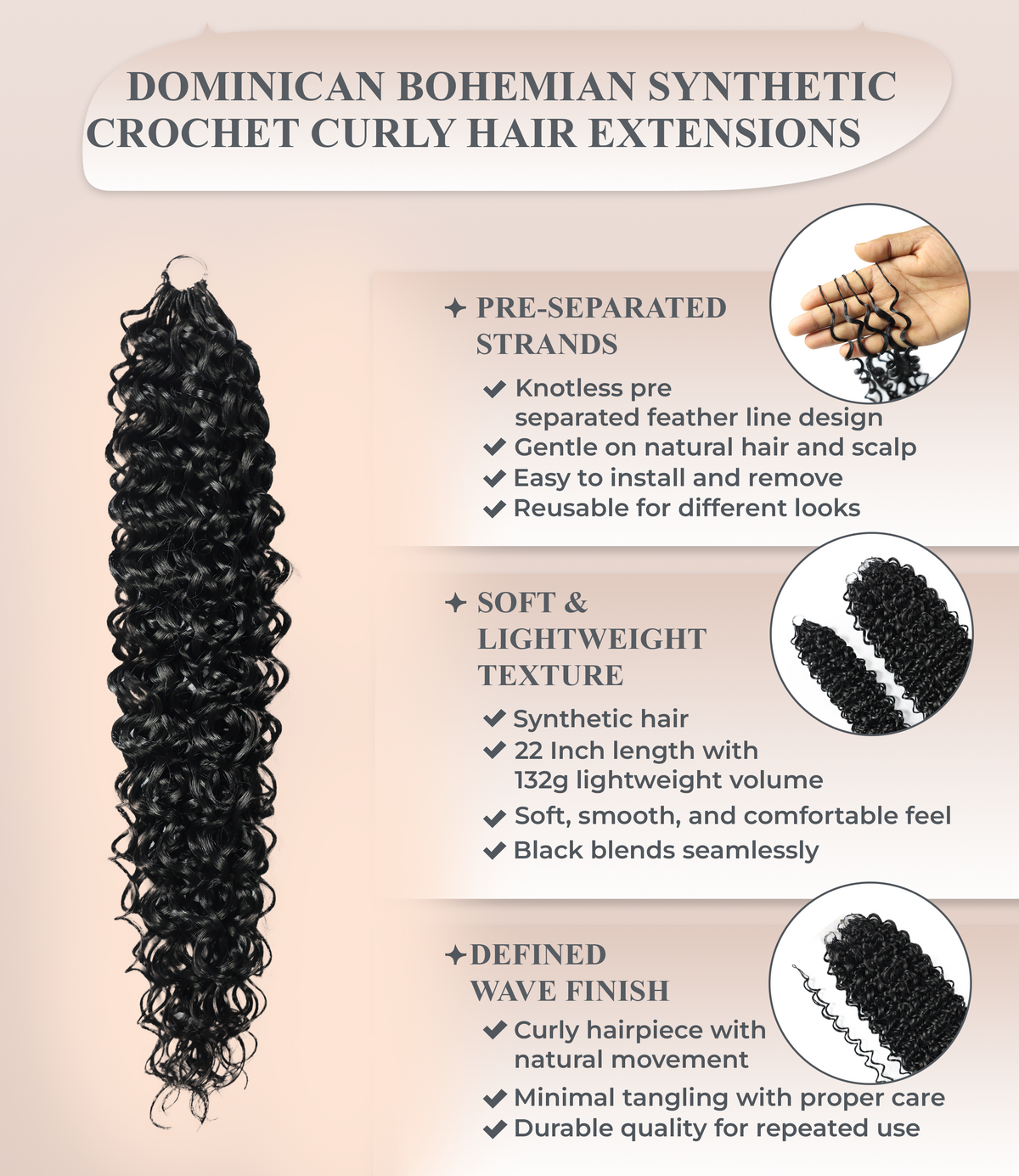 LUXLUXE Dominican Synthetic Crochet Hair Extensions – 14" 85g, 18" 110g, 22" 132g Pre Separated 100 Strands Feather Curly Hairpiece