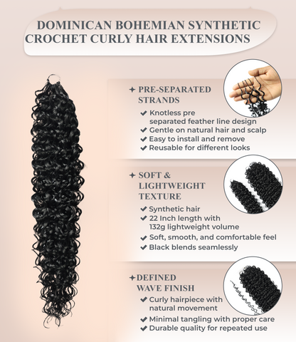 LUXLUXE Dominican Synthetic Crochet Hair Extensions – 14" 85g, 18" 110g, 22" 132g Pre Separated 100 Strands Feather Curly Hairpiece