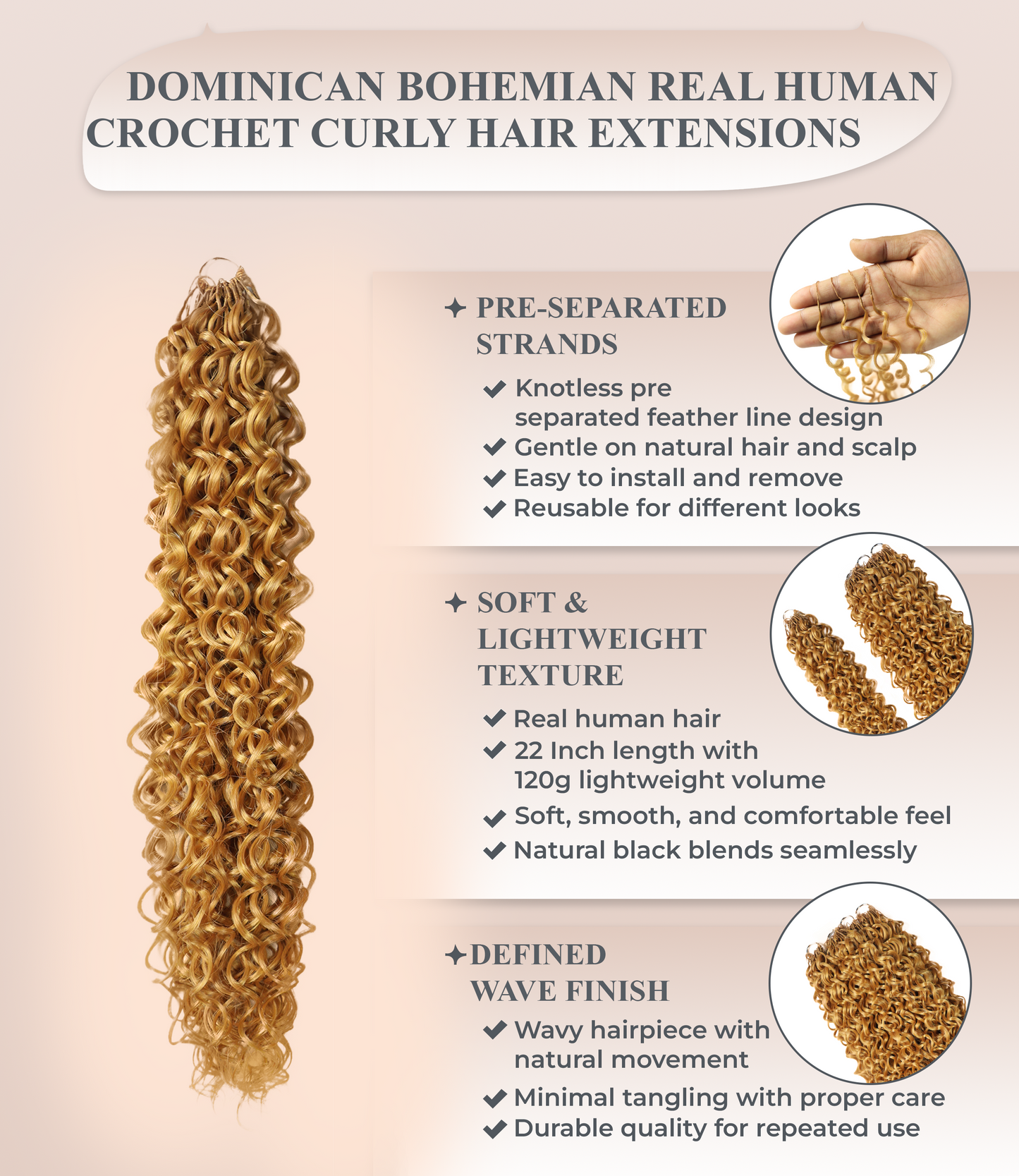 LUXLUXE Dominican Synthetic Crochet Hair Extensions – 14" 78g, 18" 100g, 22" 120g Pre Separated 100 Strands Feather Curly Hairpiece