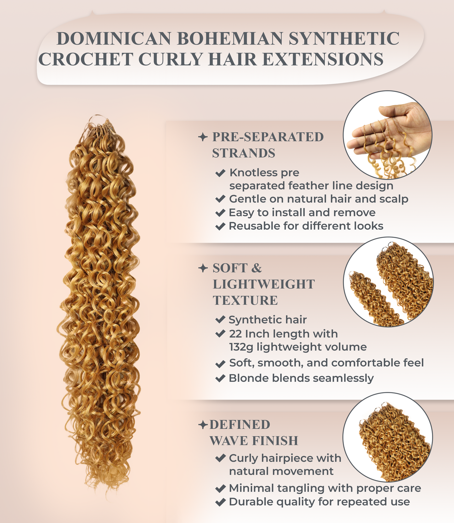 LUXLUXE Dominican Synthetic Crochet Hair Extensions – 14" 85g, 18" 110g, 22" 132g Pre Separated 100 Strands Feather Curly Hairpiece