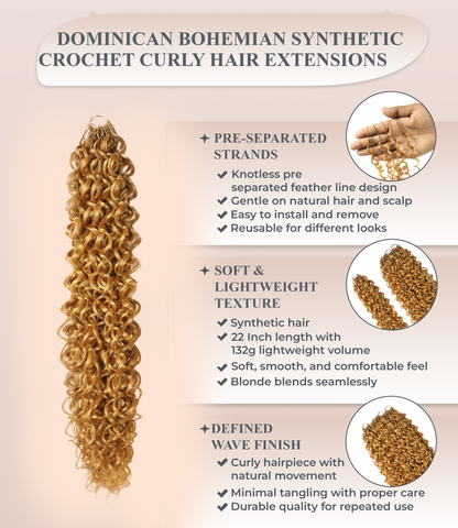 LUXLUXE Dominican Synthetic Crochet Hair Extensions – 14" 85g, 18" 110g, 22" 132g Pre Separated 100 Strands Feather Curly Hairpiece