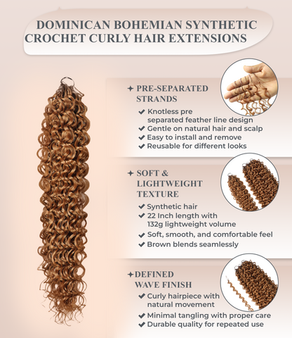 LUXLUXE Dominican Synthetic Crochet Hair Extensions – 14" 85g, 18" 110g, 22" 132g Pre Separated 100 Strands Feather Curly Hairpiece