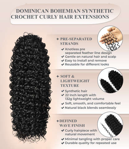 LUXLUXE Dominican Synthetic Crochet Hair Extensions – 14" 85g, 18" 110g, 22" 132g Pre Separated 100 Strands Feather Curly Hairpiece