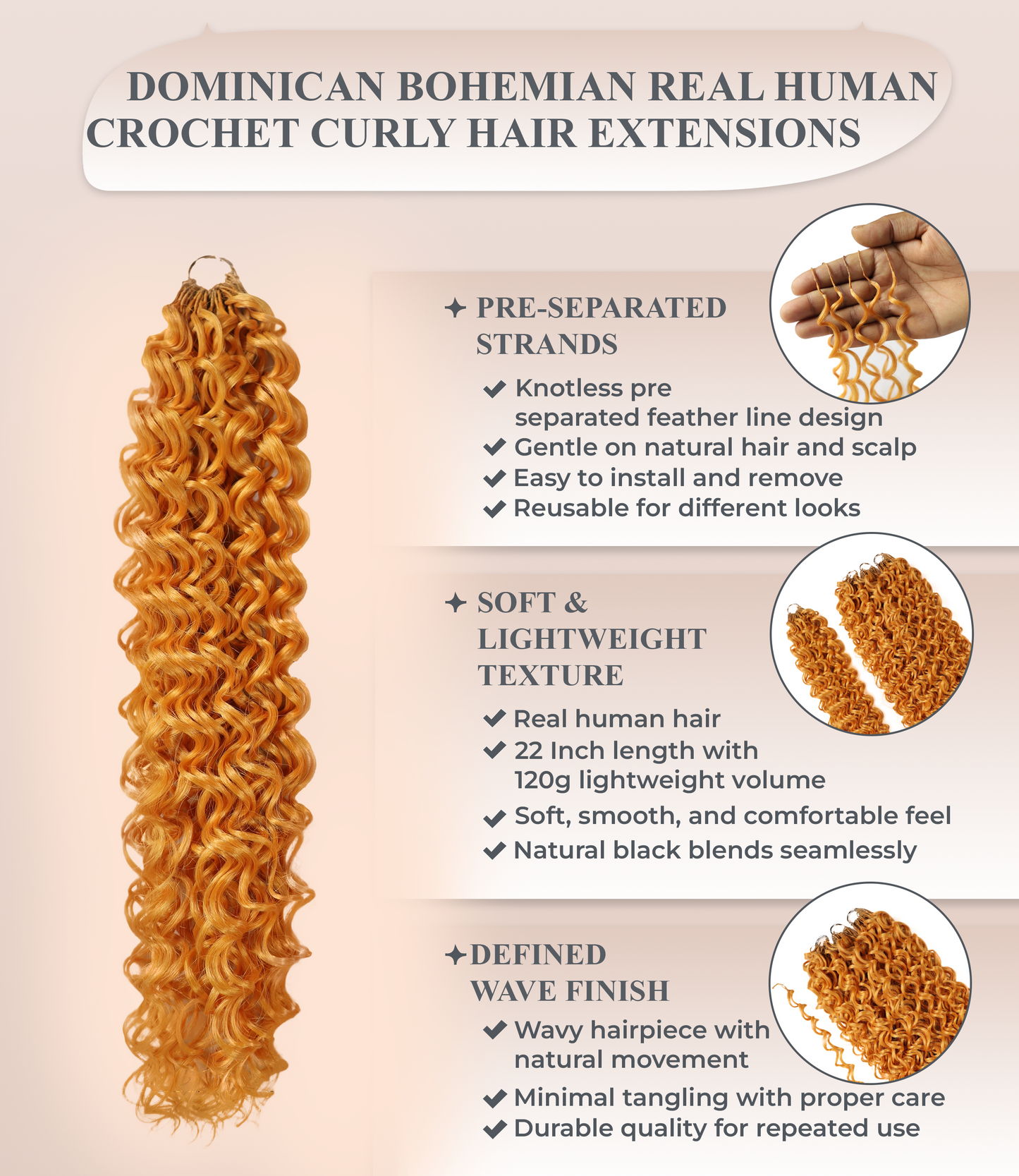 LUXLUXE Dominican Synthetic Crochet Hair Extensions – 14" 78g, 18" 100g, 22" 120g Pre Separated 100 Strands Feather Curly Hairpiece