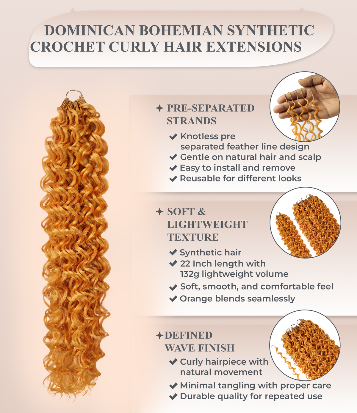 LUXLUXE Dominican Synthetic Crochet Hair Extensions – 14" 85g, 18" 110g, 22" 132g Pre Separated 100 Strands Feather Curly Hairpiece