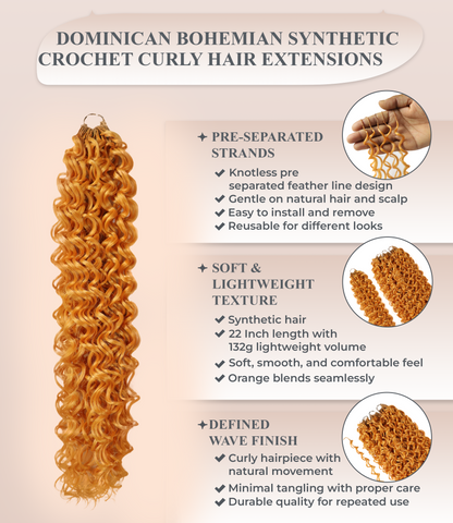 LUXLUXE Dominican Synthetic Crochet Hair Extensions – 14" 85g, 18" 110g, 22" 132g Pre Separated 100 Strands Feather Curly Hairpiece