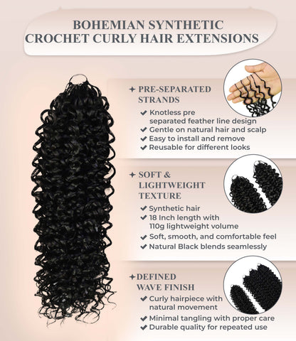 Luxluxe Bohemian 18" Pre-Separated Synthetic Feather 110g Crochet Hair Extensions with 100 Strands for Women