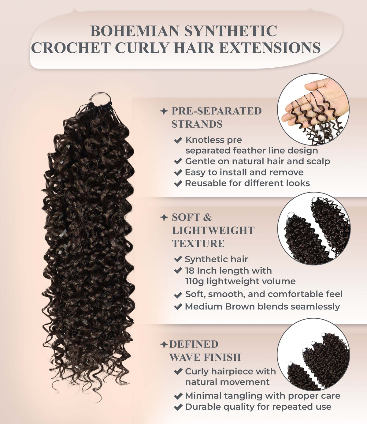 Luxluxe Bohemian 18" Pre-Separated Synthetic Feather 110g Crochet Hair Extensions with 100 Strands for Women