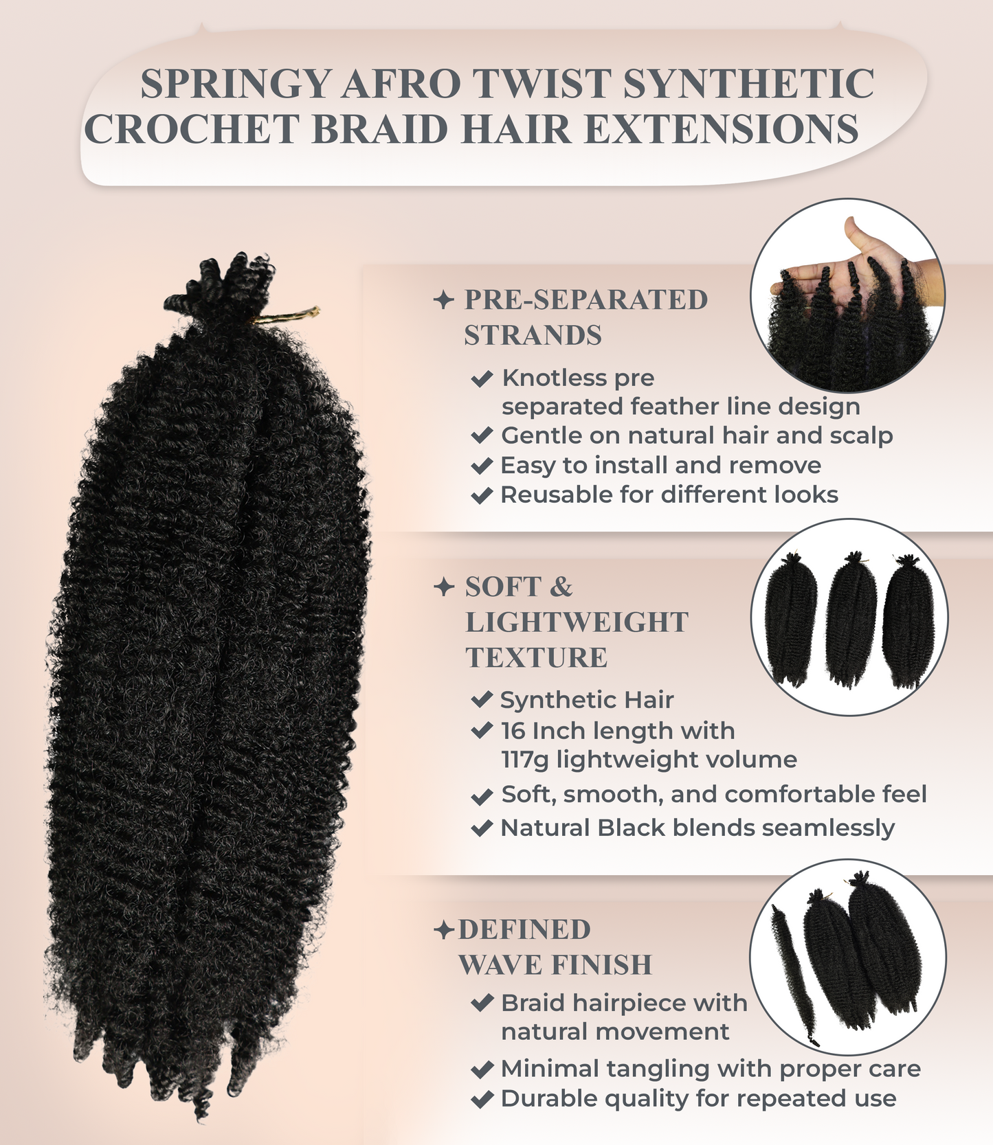 LUXLUXE Springy Afro Twist Hair Extensions - 16 Inch Synthetic Braided Hairpiece 117g for Women