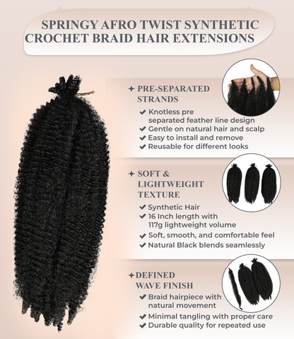 LUXLUXE Springy Afro Twist Hair Extensions - 16 Inch Synthetic Braided Hairpiece 117g for Women