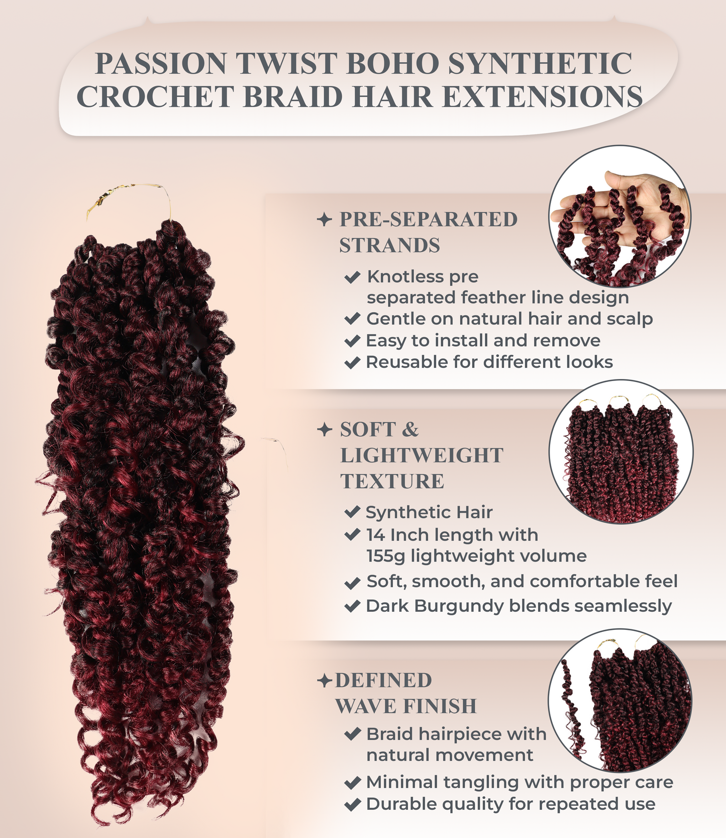 LUXLUXE Passion Twist Boho Synthetic Hair Extensions - 14 Inch Braided 115g Hairpiece for Women