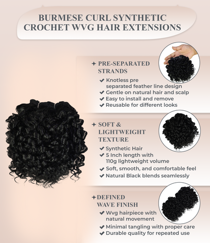LUXLUXE Burmese Curl Synthetic Hair Extension – 5 Inch Dense Curly Weft Style 110g for Women Textured Styling