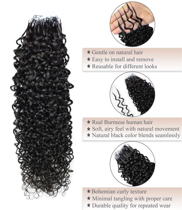 LUXLUXE Burmese Bohemian Real Human Crochet Curly Hair Extensions 40 Strands - Natural  & Natural Black 18 & 16 &14  Inch 50g Knotless Pre Separated Feather Line Lightweight Texture Curls Hairpiece for Women
