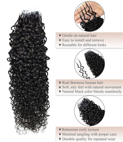 LUXLUXE Burmese Bohemian Real Human Crochet Curly Hair Extensions 40 Strands - Natural  & Natural Black 18 & 16 &14  Inch 50g Knotless Pre Separated Feather Line Lightweight Texture Curls Hairpiece for Women