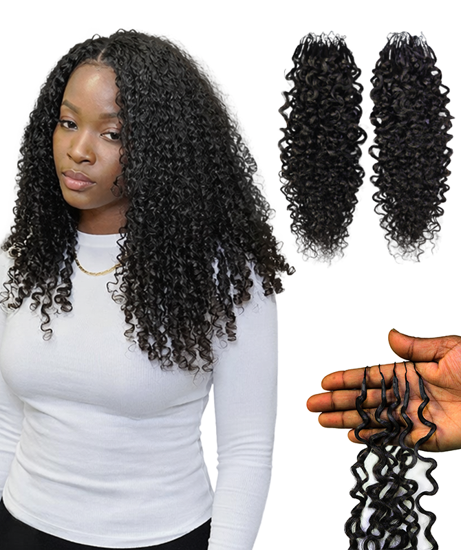 LUXLUXE Burmese Bohemian Real Human Crochet Curly Hair Extensions 40 Strands - Natural  & Natural Black 18 & 16 &14  Inch 50g Knotless Pre Separated Feather Line Lightweight Texture Curls Hairpiece for Women