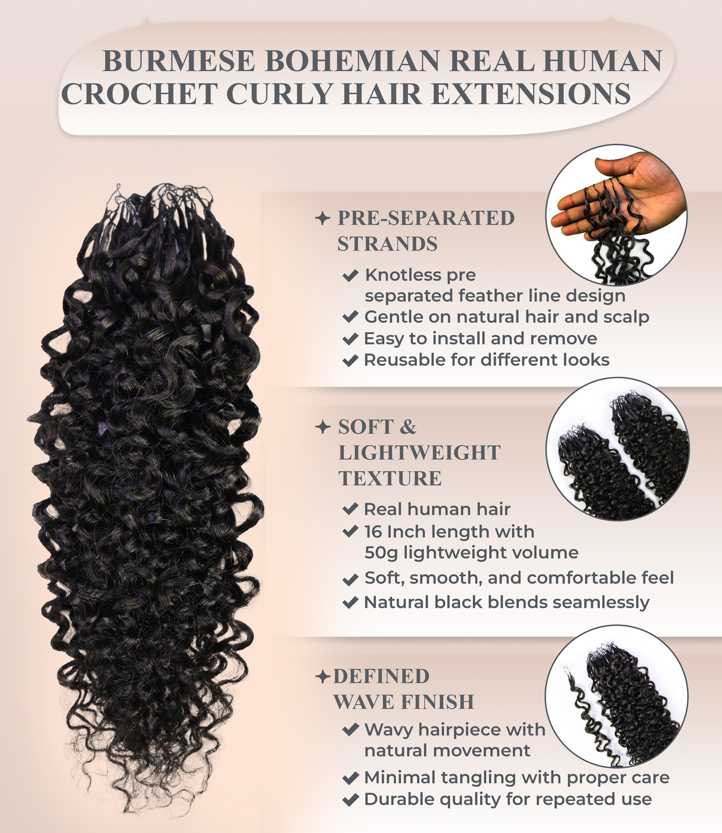LUXLUXE Burmese Bohemian Real Human Crochet Curly Hair Extensions 40 Strands - Natural  & Natural Black 18 & 16 &14  Inch 50g Knotless Pre Separated Feather Line Lightweight Texture Curls Hairpiece for Women