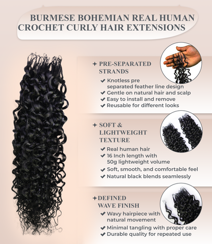 LUXLUXE Burmese Bohemian Real Human Crochet Curly Hair Extensions 40 Strands - Natural  & Natural Black 18 & 16 &14  Inch 50g Knotless Pre Separated Feather Line Lightweight Texture Curls Hairpiece for Women