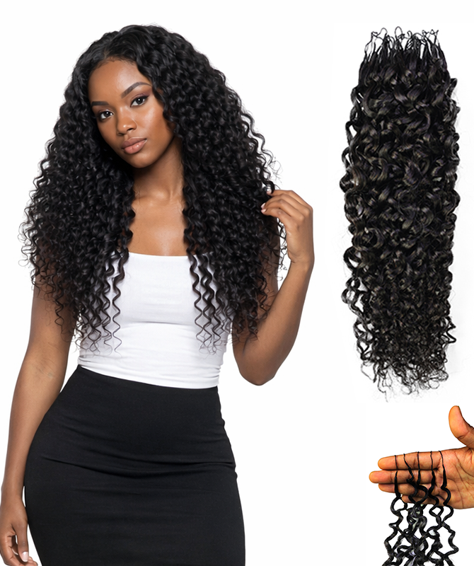LUXLUXE Burmese Bohemian Real Human Crochet Curly Hair Extensions 40 Strands - Natural  & Natural Black 18 & 16 &14  Inch 50g Knotless Pre Separated Feather Line Lightweight Texture Curls Hairpiece for Women