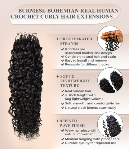 LUXLUXE Burmese Bohemian Real Human Crochet Curly Hair Extensions 40 Strands - Natural  & Natural Black 18 & 16 &14  Inch 50g Knotless Pre Separated Feather Line Lightweight Texture Curls Hairpiece for Women