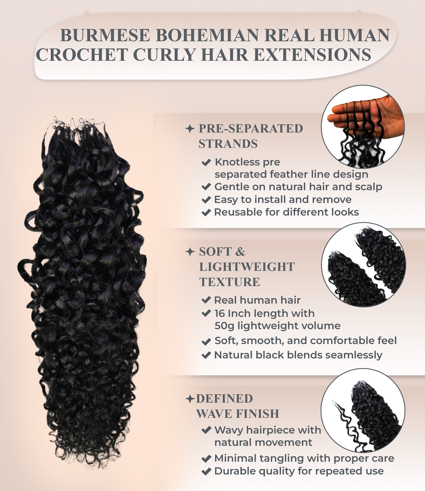 LUXLUXE Burmese Bohemian Real Human Crochet Curly Hair Extensions 40 Strands - Natural  & Natural Black 18 & 16 &14  Inch 50g Knotless Pre Separated Feather Line Lightweight Texture Curls Hairpiece for Women