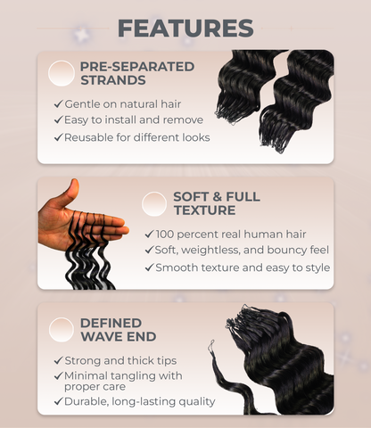 LUXLUXE Loose Deep Real Human Crochet Hair Extensions 40 Strands - Natural & Natural Black 18 & 16 & 14 Inch 50g Knotless Pre Separated Feather Line Lightweight Texture Wavy Hairpiece for Women