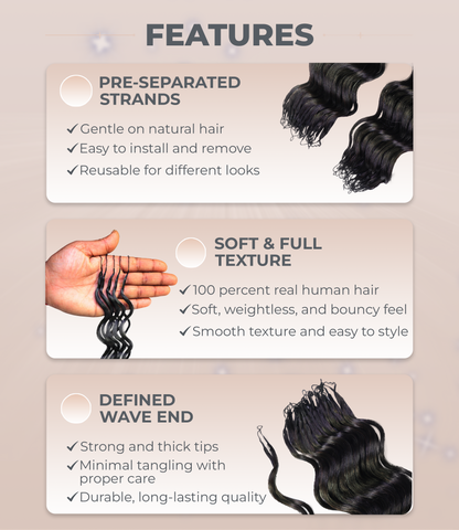 LUXLUXE Loose Deep Real Human Crochet Hair Extensions 40 Strands - Natural & Natural Black 18 & 16 & 14 Inch 50g Knotless Pre Separated Feather Line Lightweight Texture Wavy Hairpiece for Women