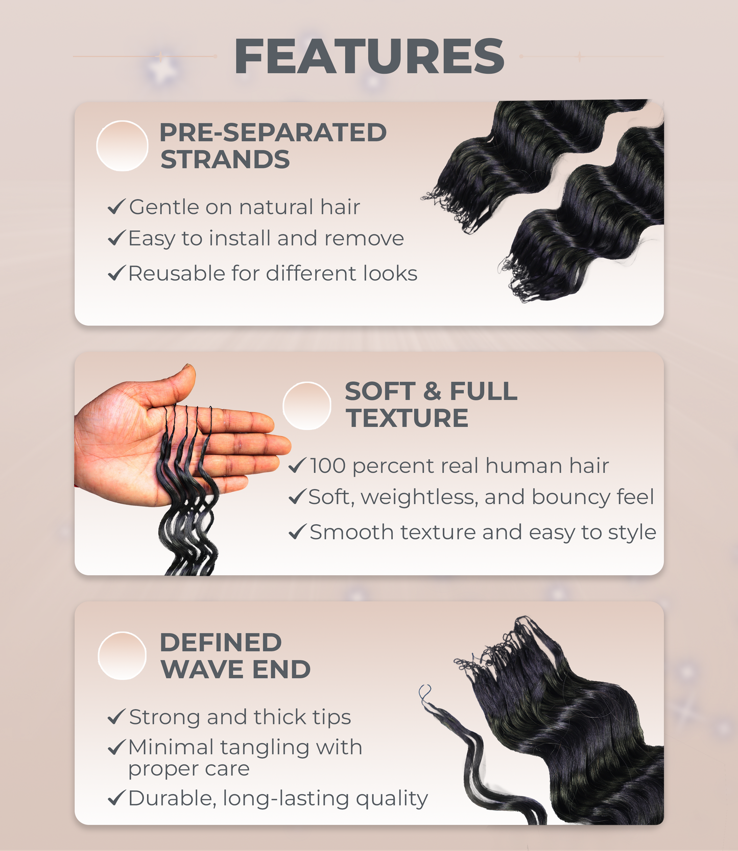 LUXLUXE Loose Deep Real Human Crochet Hair Extensions 40 Strands - Natural & Natural Black 18 & 16 & 14 Inch 50g Knotless Pre Separated Feather Line Lightweight Texture Wavy Hairpiece for Women