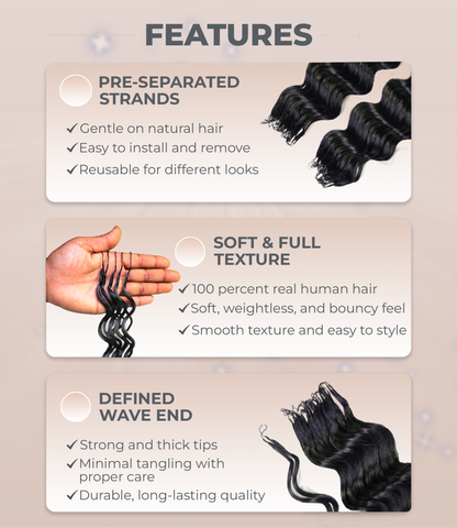 LUXLUXE Loose Deep Real Human Crochet Hair Extensions 40 Strands - Natural & Natural Black 18 & 16 & 14 Inch 50g Knotless Pre Separated Feather Line Lightweight Texture Wavy Hairpiece for Women