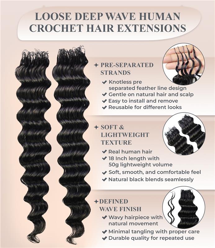 LUXLUXE Loose Deep Real Human Crochet Hair Extensions 40 Strands - Natural & Natural Black 18 & 16 & 14 Inch 50g Knotless Pre Separated Feather Line Lightweight Texture Wavy Hairpiece for Women