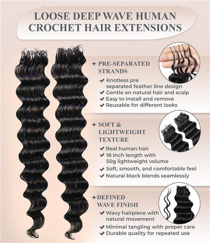 LUXLUXE Loose Deep Real Human Crochet Hair Extensions 40 Strands - Natural & Natural Black 18 & 16 & 14 Inch 50g Knotless Pre Separated Feather Line Lightweight Texture Wavy Hairpiece for Women